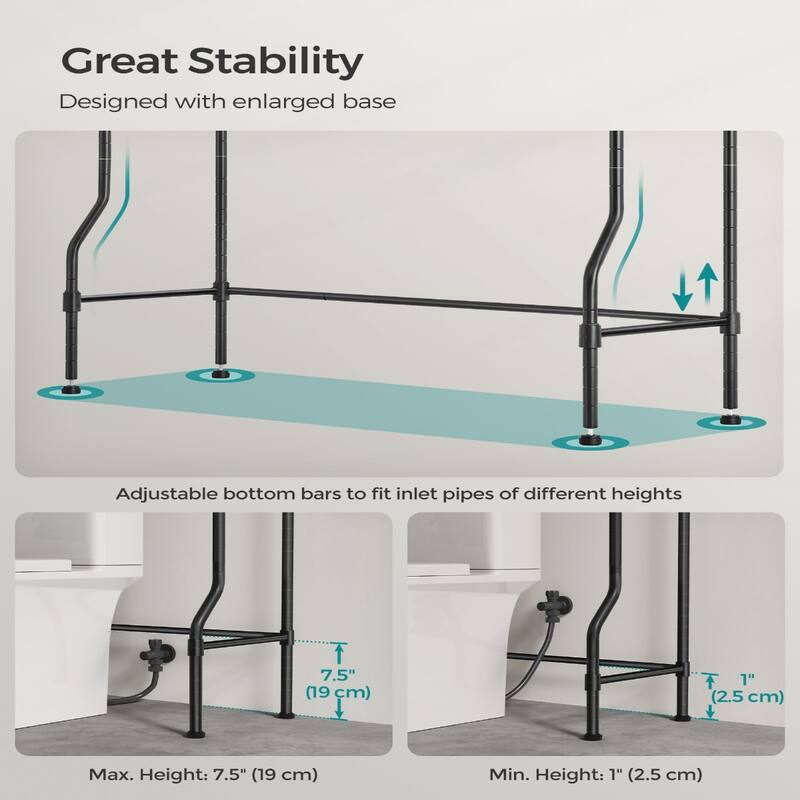 4-Tier Freestanding Metal Over-the-Toilet Storage Rack with 4 Adjustable Shelves and 4 Convenient Hoooks