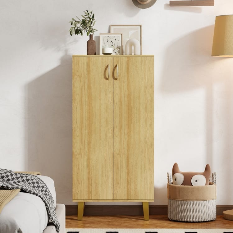 Oak MDF Wooden Shoe Cabinet with Double Doors, Shelves and Storage - 24" x 13" x 48"