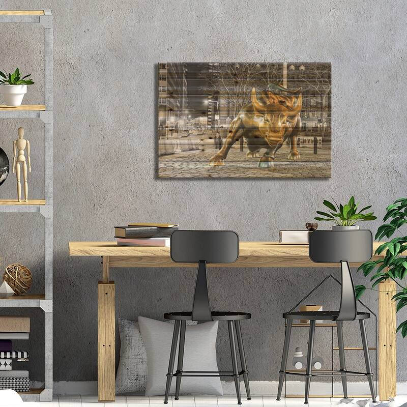 Angry Bull Print On Wood by David Gardiner - Multi-Color