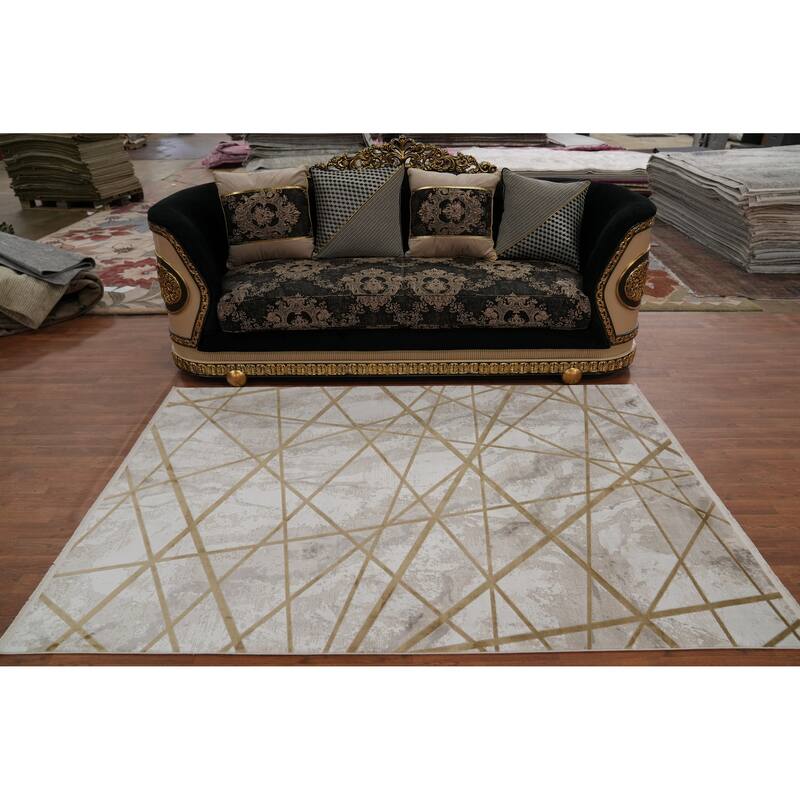Machine Made Oriental Polyester Carpet Modern Geometric Beige & Ivories Modern Area Rug - 7' 5'' X 5' 2''