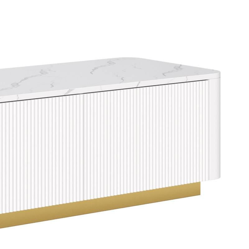 Luxury Fluted TV Stand for 85" TVs - Faux Marble Console with Gold Base & Curved Design
