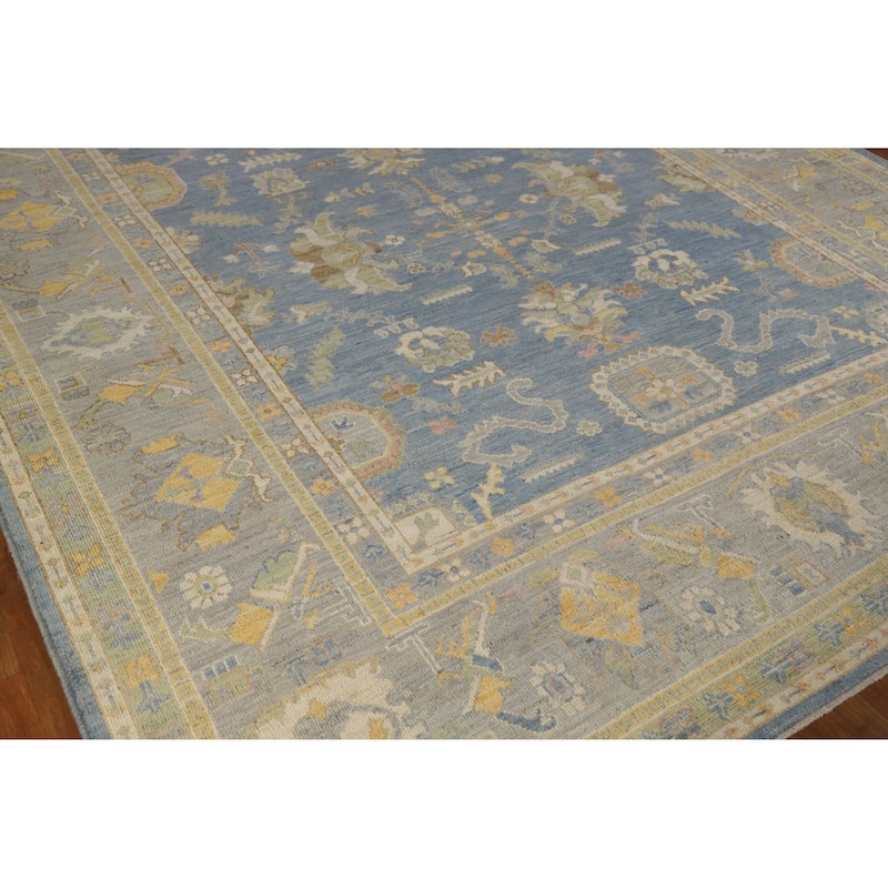 Hand Knotted Oriental 100% Wool Carpet Transitional All-Over Navy Blue & Blues Oushak Area Rug - 9' 9'' X 8' 2''