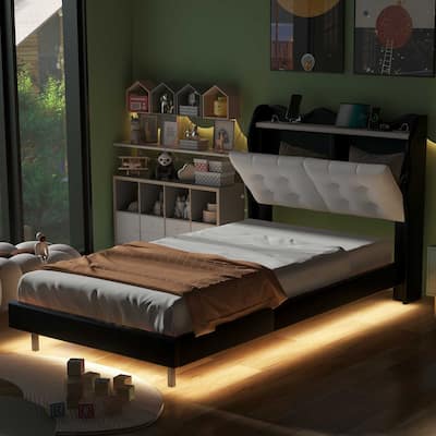Twin Size Platform Bed with Storage Headboard, LED Lights & USB Charging