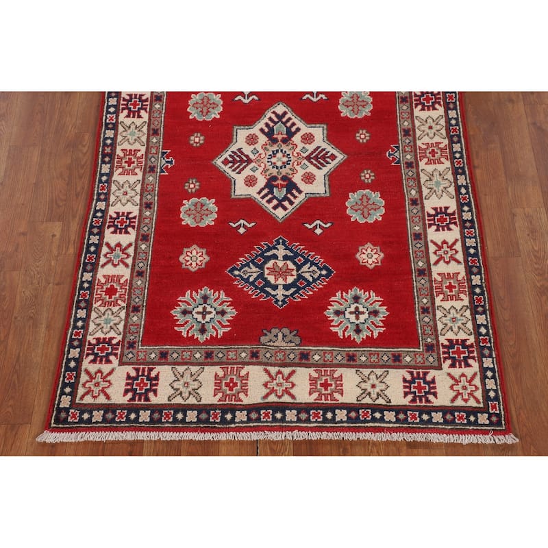 Kazak Accent Rug Hand-Knotted Red Geometric Wool Carpet - 3'4" x 5'0"