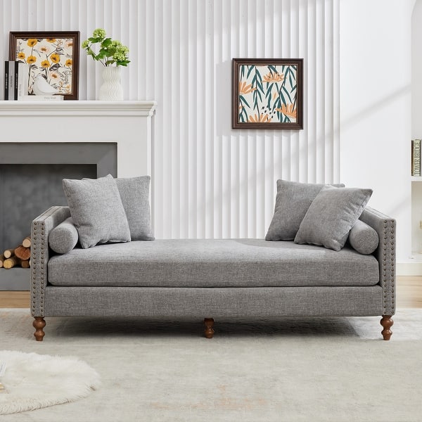 slide 2 of 44, 75.2"Wide Upholstered Chaise Lounge with Nailheads, Sleeper Sofa Couch With 4 Throw Pillows & 2 Bolsters, Rubberwood Legs Grey