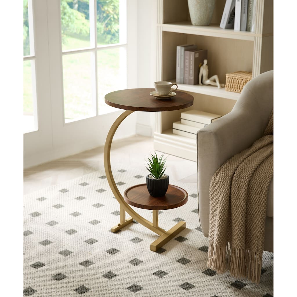 Rouge Collection Gold Metal Faux Marble 2-Tier Oval Side Table