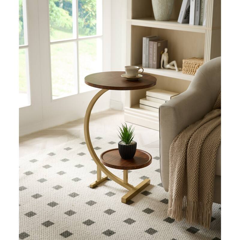 Rouge Collection Gold Metal Faux Marble 2-Tier Oval Side Table - Brown