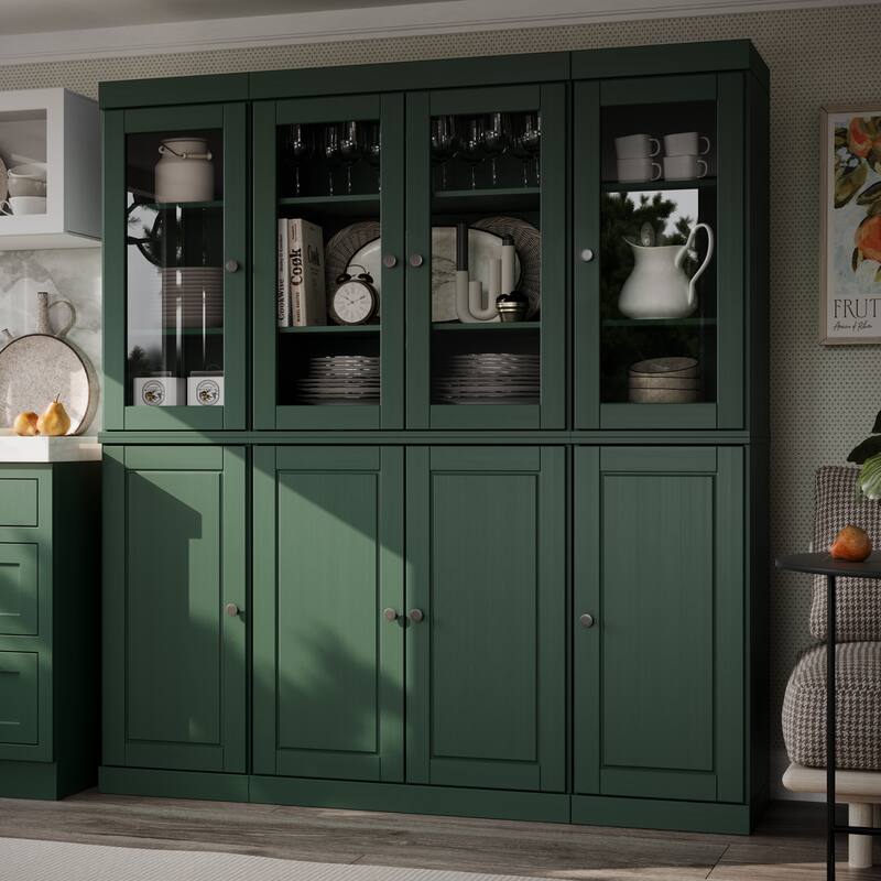 Palace Imports 100% Solid Wood Pantry China Cabinet, Raised Panel & Clear Glass Doors, Adjustable Shelves, 65" Wide, 71.5" Tall - Green
