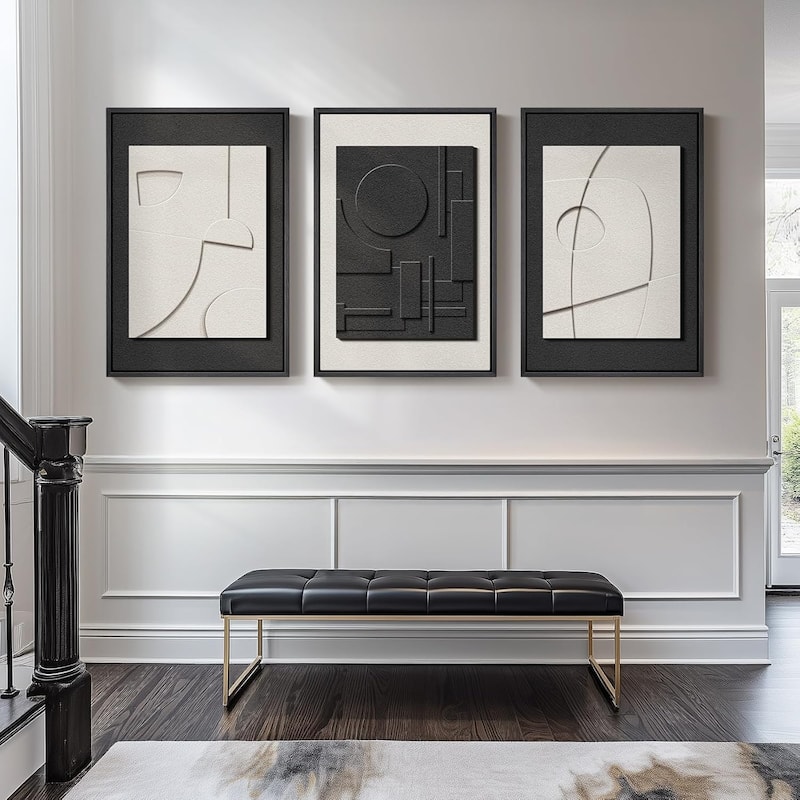 Large 3D Textured Framed Black and White Abstract Wall Art