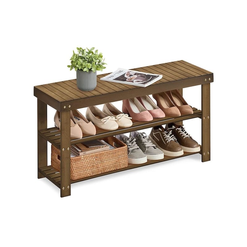 3-Tier Wicker Shoe Rack Bench with Storage Shelf Ideal for Entryway or Hallway - 11.3"D x 27.6”W x 17.8"H