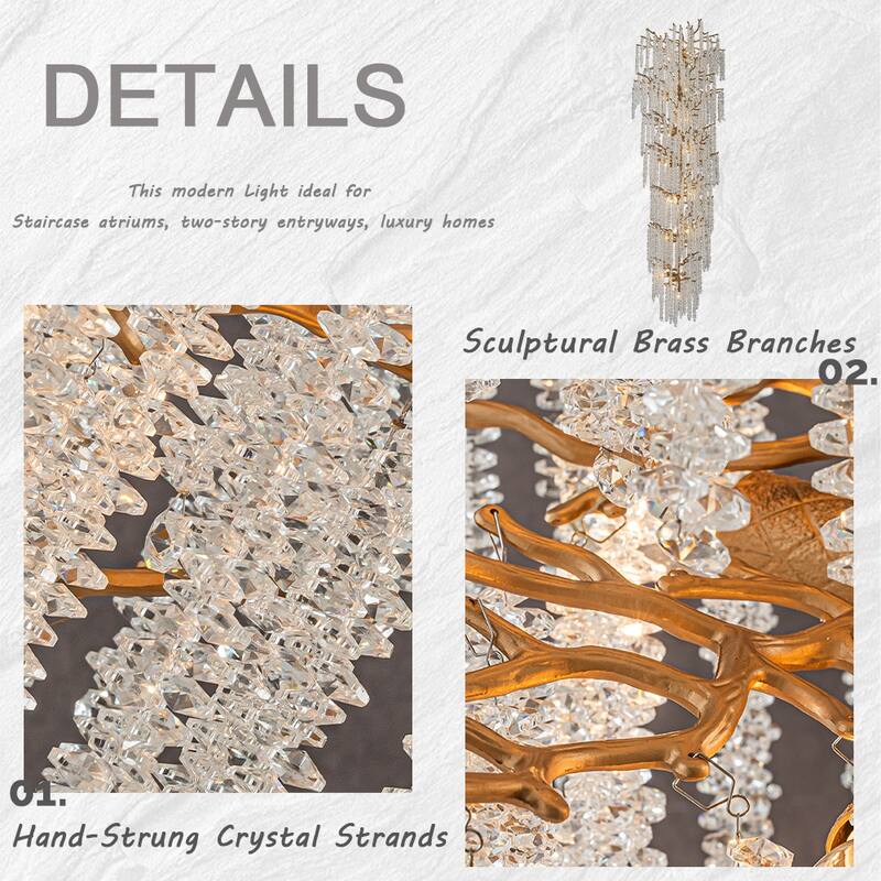 24'' W x 156'' H 21-Light Tree Branch Glass Chandelier in Antique Brass with Clear Glass for Staircases, and Tall Ceilings