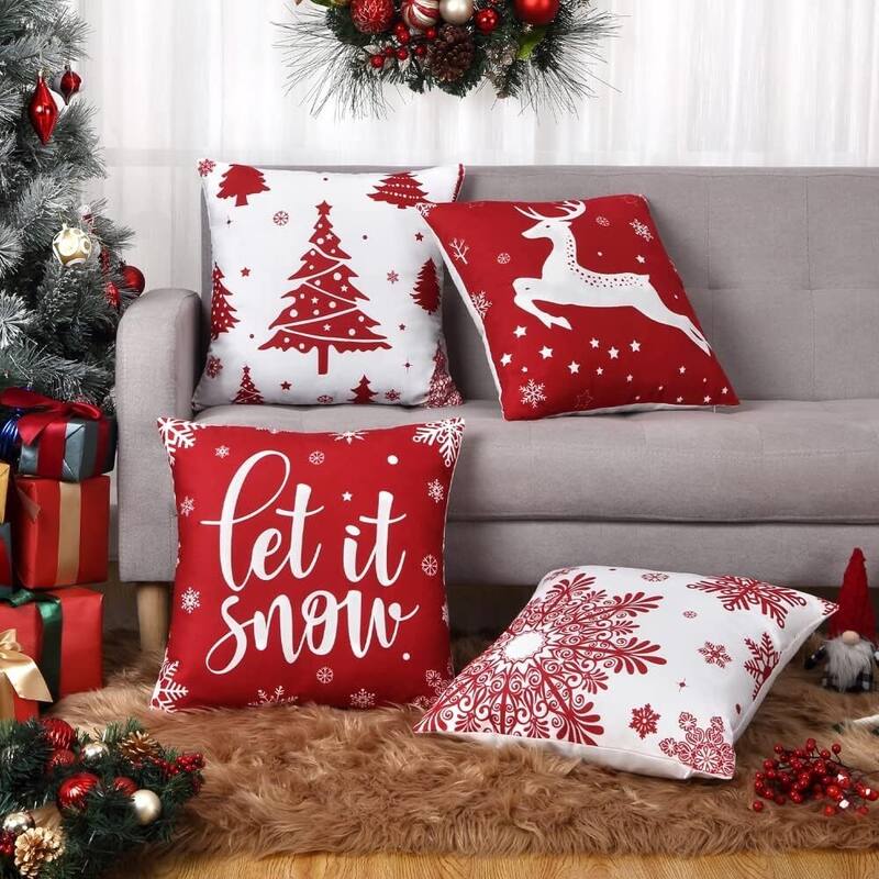 18x18 inch Velvet Xmas Winter Holiday Decorations Pillow Covers, Pillow Case - Red