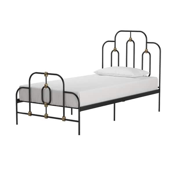 slide 2 of 5, Twin size Farmhouse Adjustable Height Platform Bed in Black Gold Metal Finish Black