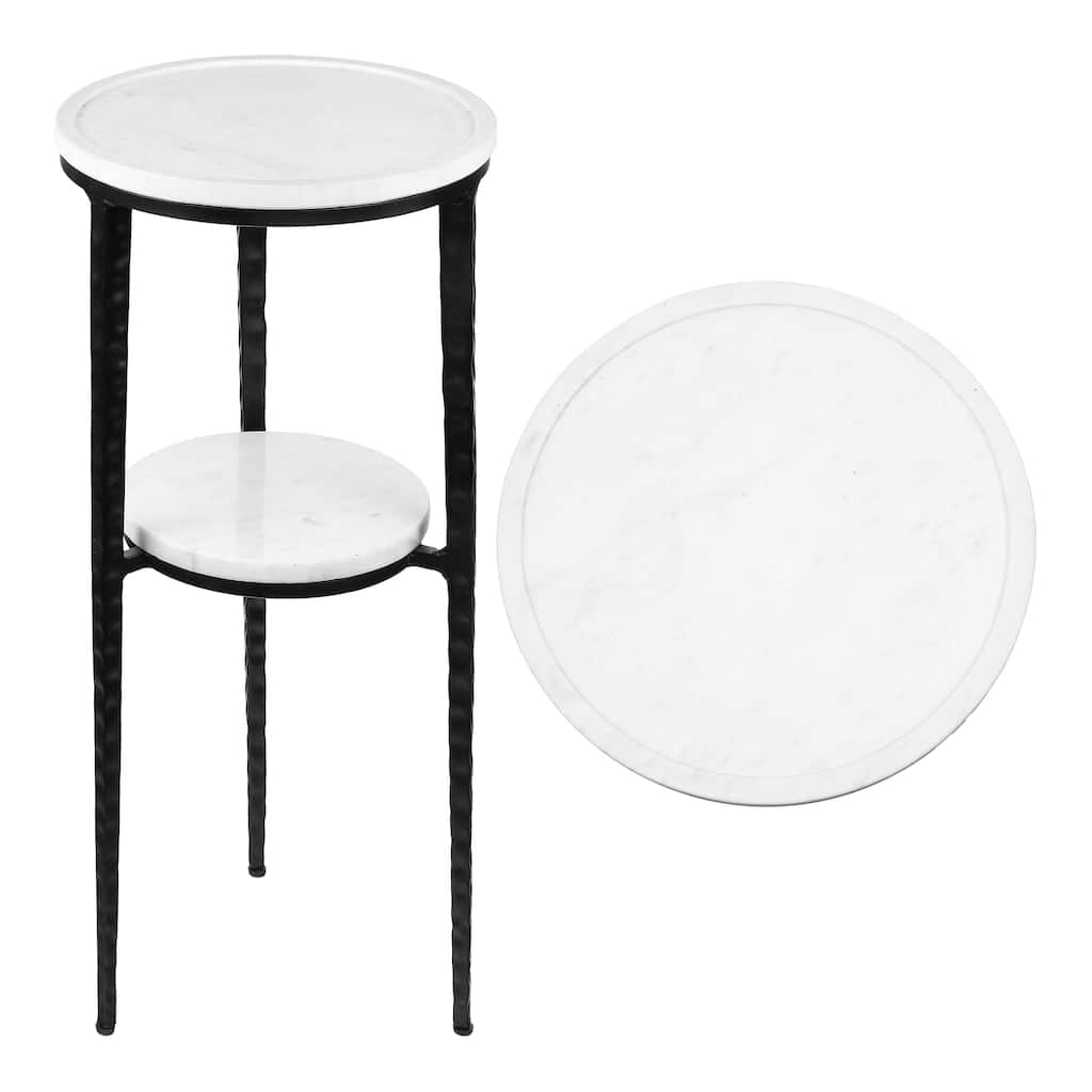 JONATHAN Y Seraphina 24.75″ 2‑Tier Metal Frame Drink & End Table w/ White Marble Round Top