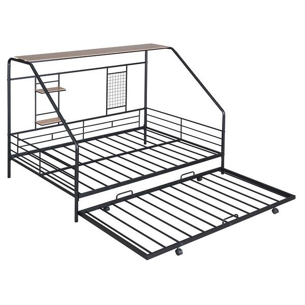 slide 2 of 13, Full Metal House Bed with Trundle, Sturdy Bedframe w/Built-in Shelf and Grid for Kids Bedroom, Dorm, No Box Spring Needed, Black Black - Full