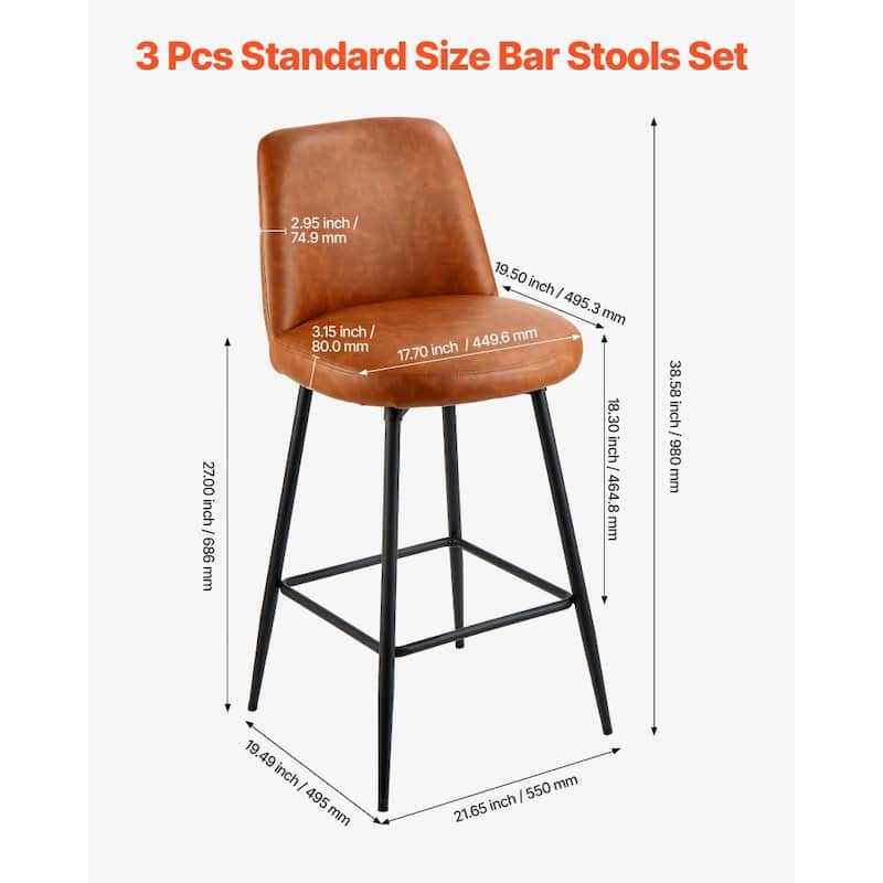 Brown PU Leather Cushion Swivel Counter Height Bar Stool with Iron Pipe Frame and Footrest for Kitchen Island