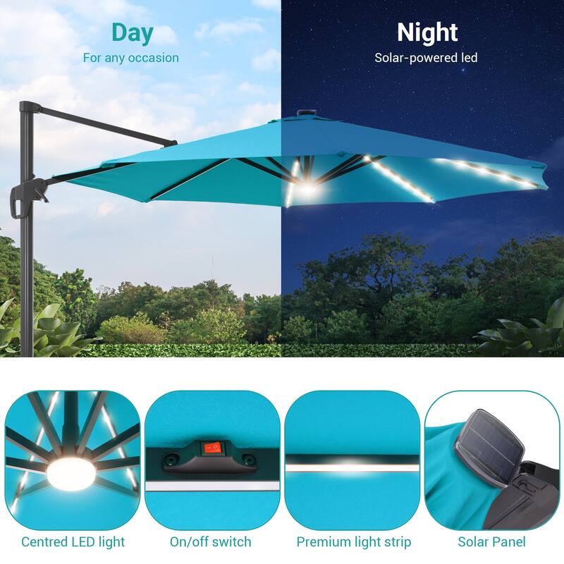 11FT Solar LED Patio Cantilever Umbrella With Resin Base by Bonosuki