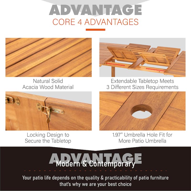 MAISON ARTS Patio Solid Acacia Wood Expandable Dining Table for 6/8 People