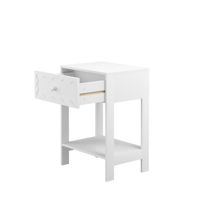 Nightstand with Drawer and Open Shelf, Modern Wave Pattern Bedside Table, Solid Wood Frame End Table for Bedroom, Living Room