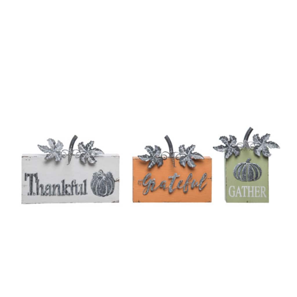 Transpac Wood 11 in. Multicolor Harvest Thankful Grateful Block Decor Set of 3