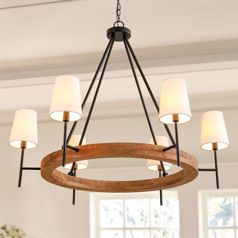 6-Light Vintage Farmhouse Wood Material Black Wagon Wheel Chandelier with Wood Material and Fabric Shade