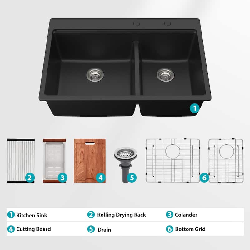 33 Inch Drop-in Double Bowl Quartz Kitchen Sink - 33'' x 22'' x 9.65''