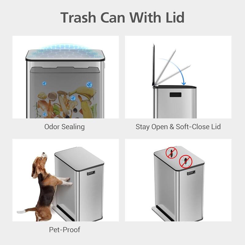 16 Gal Step-on Dual Compartment Stainless Steel Trash Can with Soft-Close Lid for Home, Office & Kitchen Use