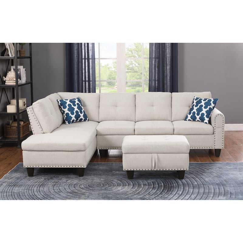 4-piece Modular Sectional Sofa with Storage Ottoman and Pillows - Beige