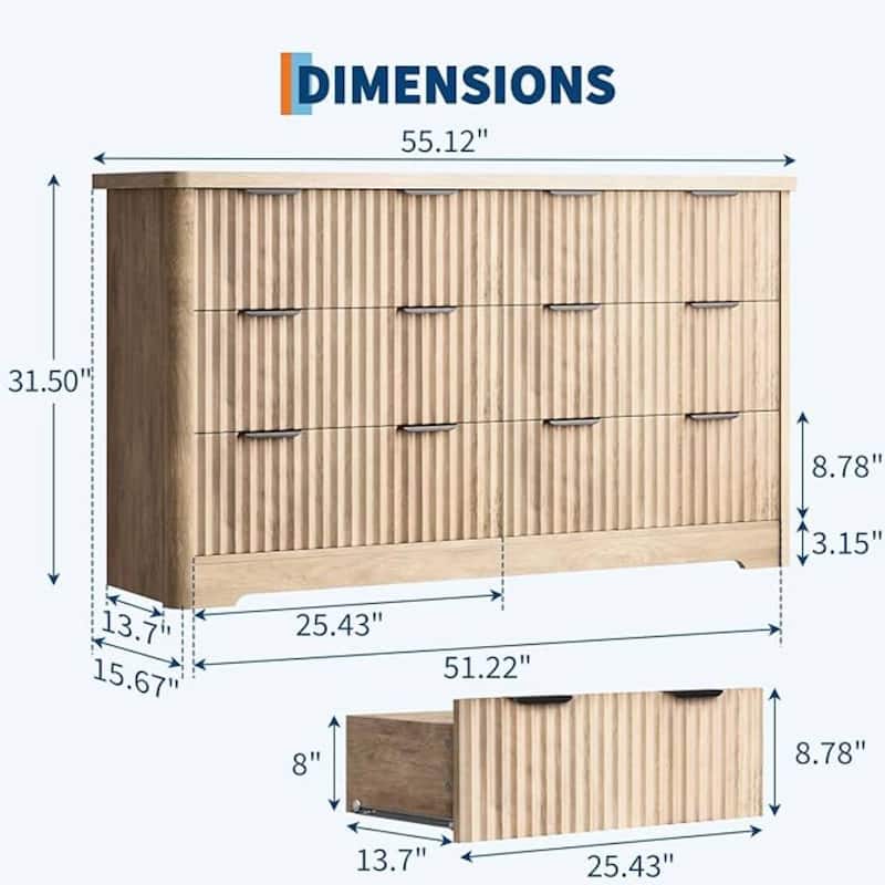 6 Drawer Fluted Dresser for Bedroom, Living Room, Hallway