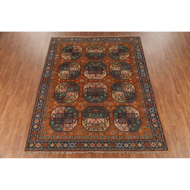 Orange Geometric Khotan Oriental Area Rug Hand-Knotted Wool Carpet - 8'0"x 10'1"