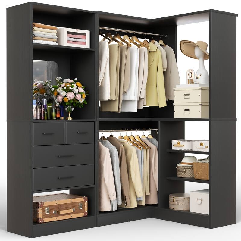 Cimly Set of 2 Corner Closet System with Drawers, Closet Organizer with Hanging Rods and Storage Shelves