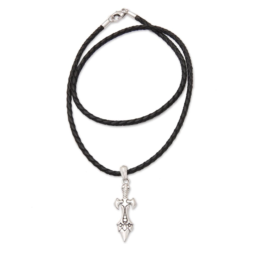 Novica Handmade Swordsman Men'S Leather And Sterling Silver Pendant Necklace