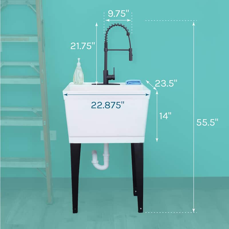 TEHILA Utility Sink Laundry Tub with Black High Arc Coil Faucet