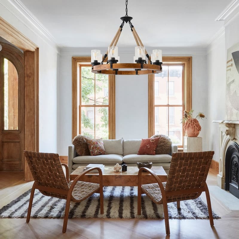 Farmhouse Wagon Wheel Chandelier Round Wood Pendant Lighting Fixture for Dining Room
