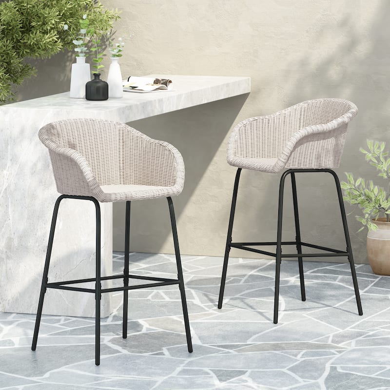 Roomfitters Ladd Outdoor Metal Wicker Barstools with Integrated Footrest, Set of 2