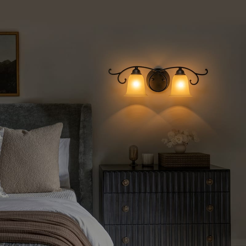 2-Light Black Scrollwork Metal Wall Sconce Frosted Bell Shade