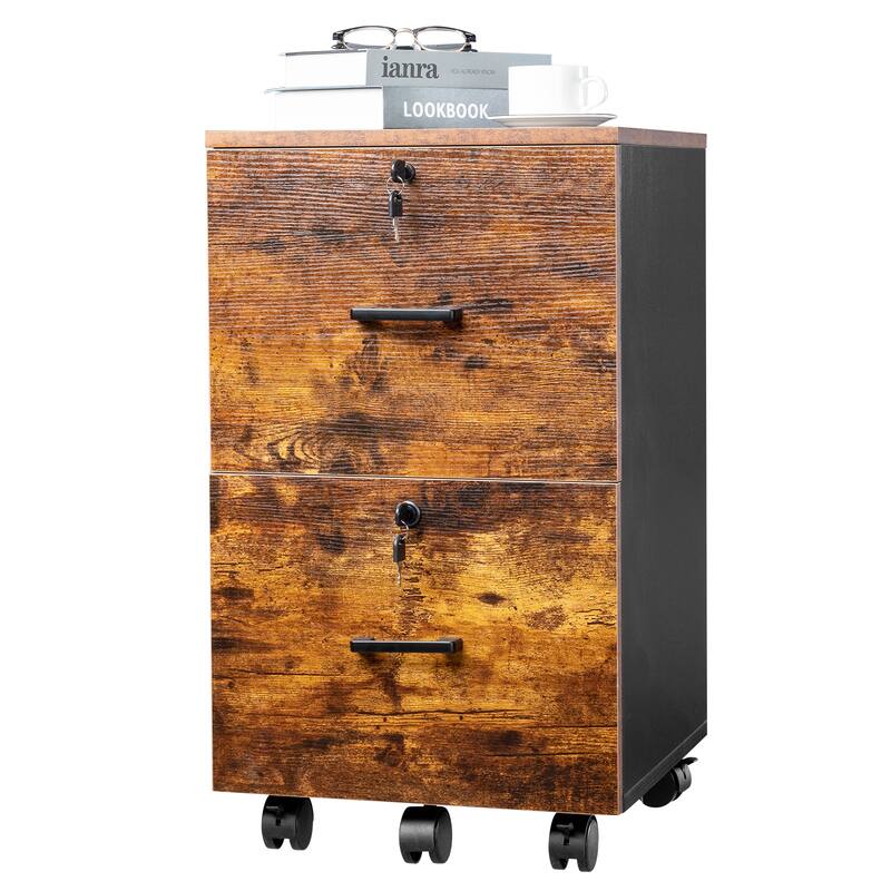 Brown and Black 2-Drawer Rolling Wood File Cabinet with Lockable Wheels for Office Storage