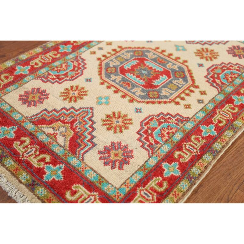 Geometric Kazak Accent Rug Hand-Knotted Beige Wool Carpet - 2'1"x 2'10"