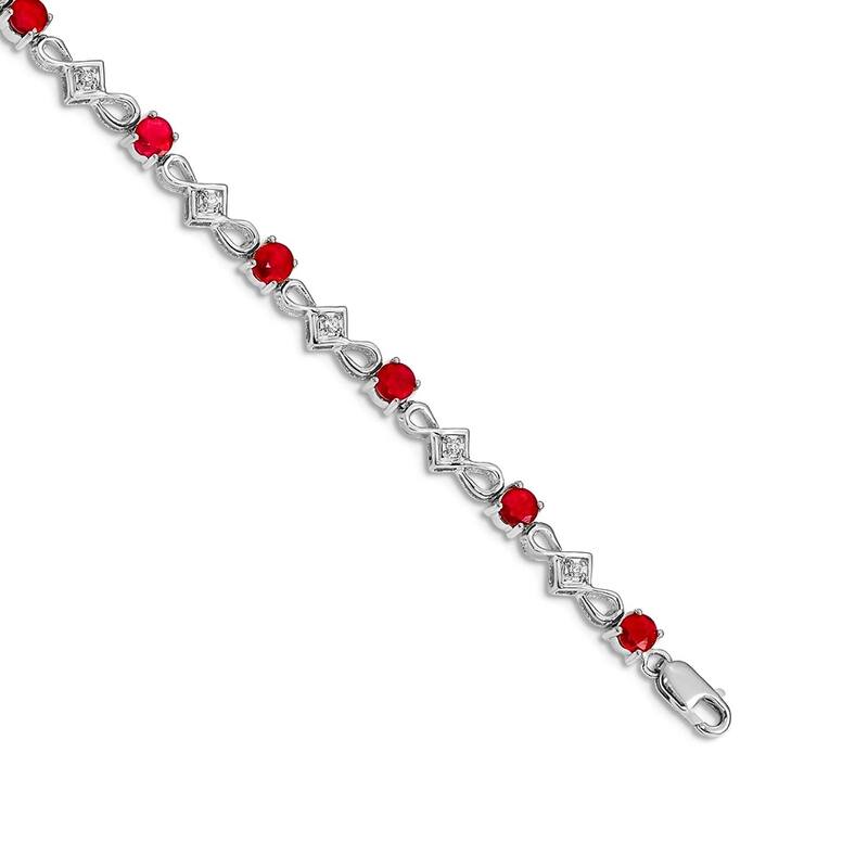 Curata 14k Yellow or White Gold 7" 4mm Emerald, Ruby or Sapphire and Diamond Bracelet - Ruby - White