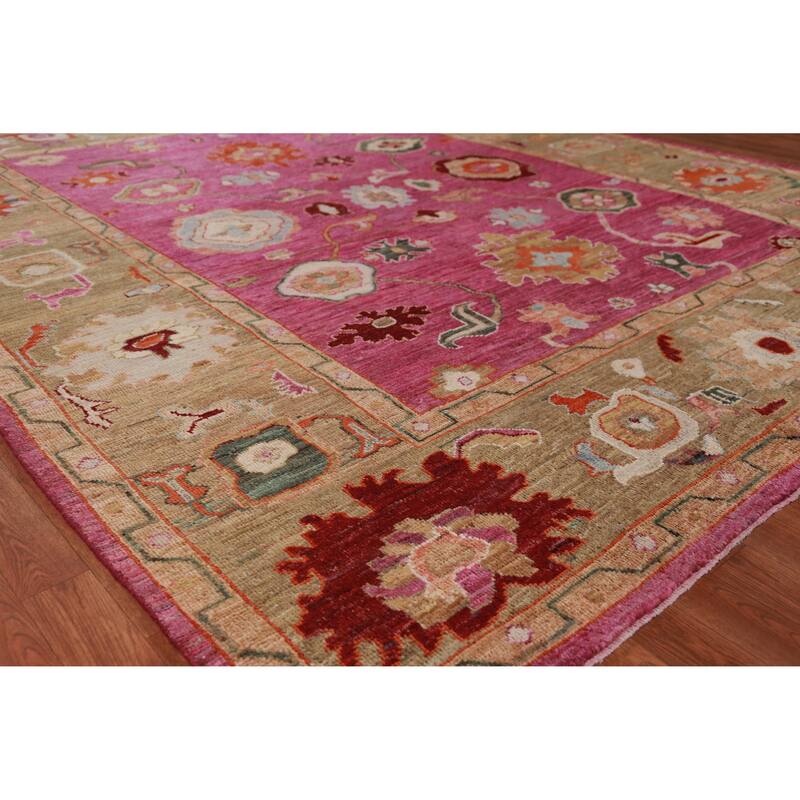 Hand Knotted Oriental 100% Wool Carpet Transitional All-Over Pink Oushak Area Rug - 9' 9'' X 8' 0''
