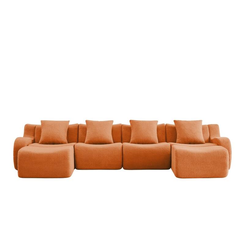 148" Premium Teddy Fabric U-shaped Modular Curved Armrests Boneless Sofa Set