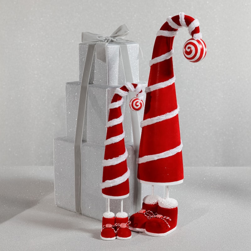 Whimsical Candy Cane Hat Christmas Figure, 13" Tall - Red, White