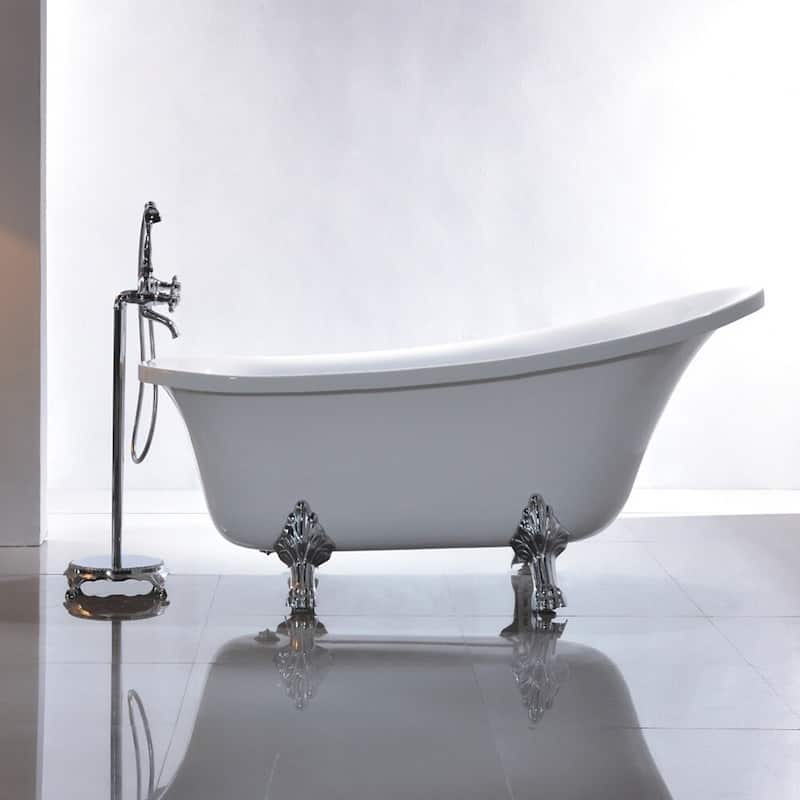 Vanity Art 68.9" Freestanding White Acrylic Bathtub Modern Stand Alone Soaking Tub with Polished Chrome & Pop-up Drain