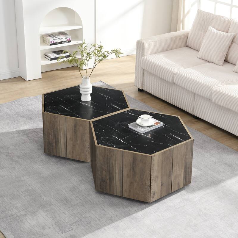 Hexagonal Rustic Retro Wood Coffee Table, with 2 Hidden Drawers, Textured White Marble Tops,Walunt Oak Finish - Perfect