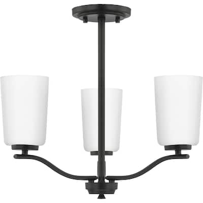 Adley Collection Three-Light Matte Black Etched White Glass New Traditional Semi-Flush Convertible Light