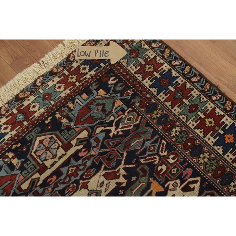 Hand Knotted Oriental 100% Wool Carpet Traditional Geometric Navy Blue & Blues Kazak Area Rug - 5' 2'' X 3' 10''