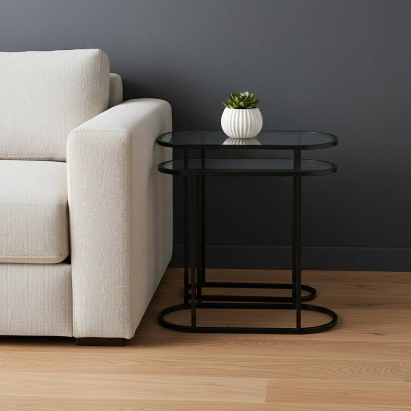 HomeRoots Set of Two 13" Clear and Black Glass and Metal Tray Tables - 12.60 in. x 22.44 in. x 24.21 in. - Clear - Glass