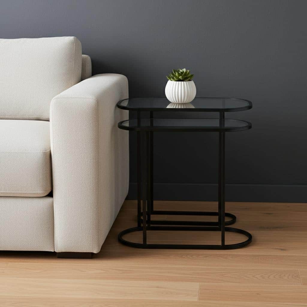 HomeRoots Set of Two 13" Clear and Black Glass and Metal Tray Tables - 12.60 in. x 22.44 in. x 24.21 in.