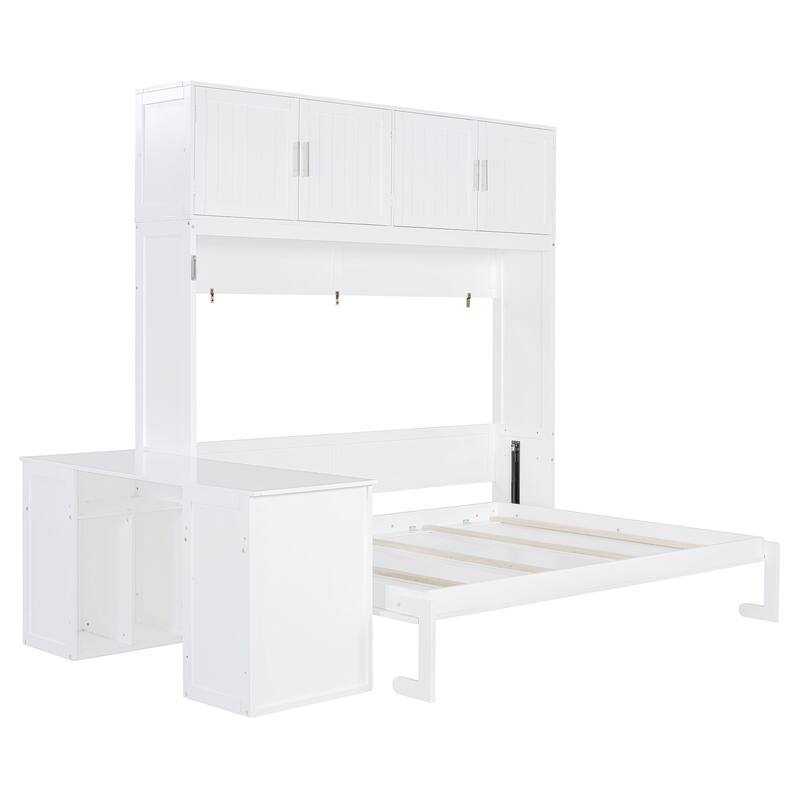 Queen Size Wall-Mounted Murphy Bed with Desk and Storage Cabinets, White/Gray