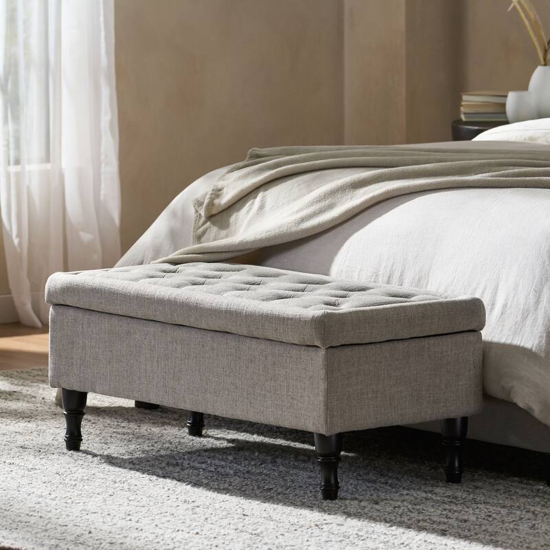 Roomfitters Upholstered Storage Bench with Hinged Lid and Turned Wood Legs, Accent Seating for Entryway or Bedroom